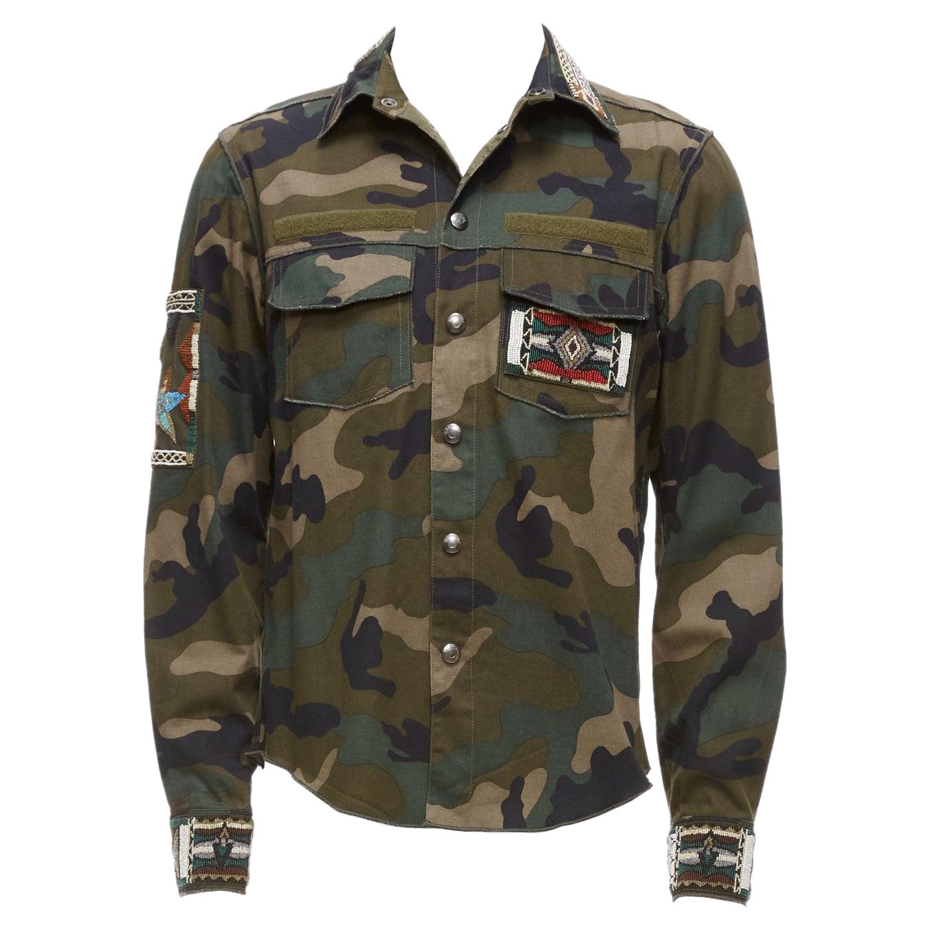 VALENTINO green camouflage bead applique military overshirt IT46 S For Sale