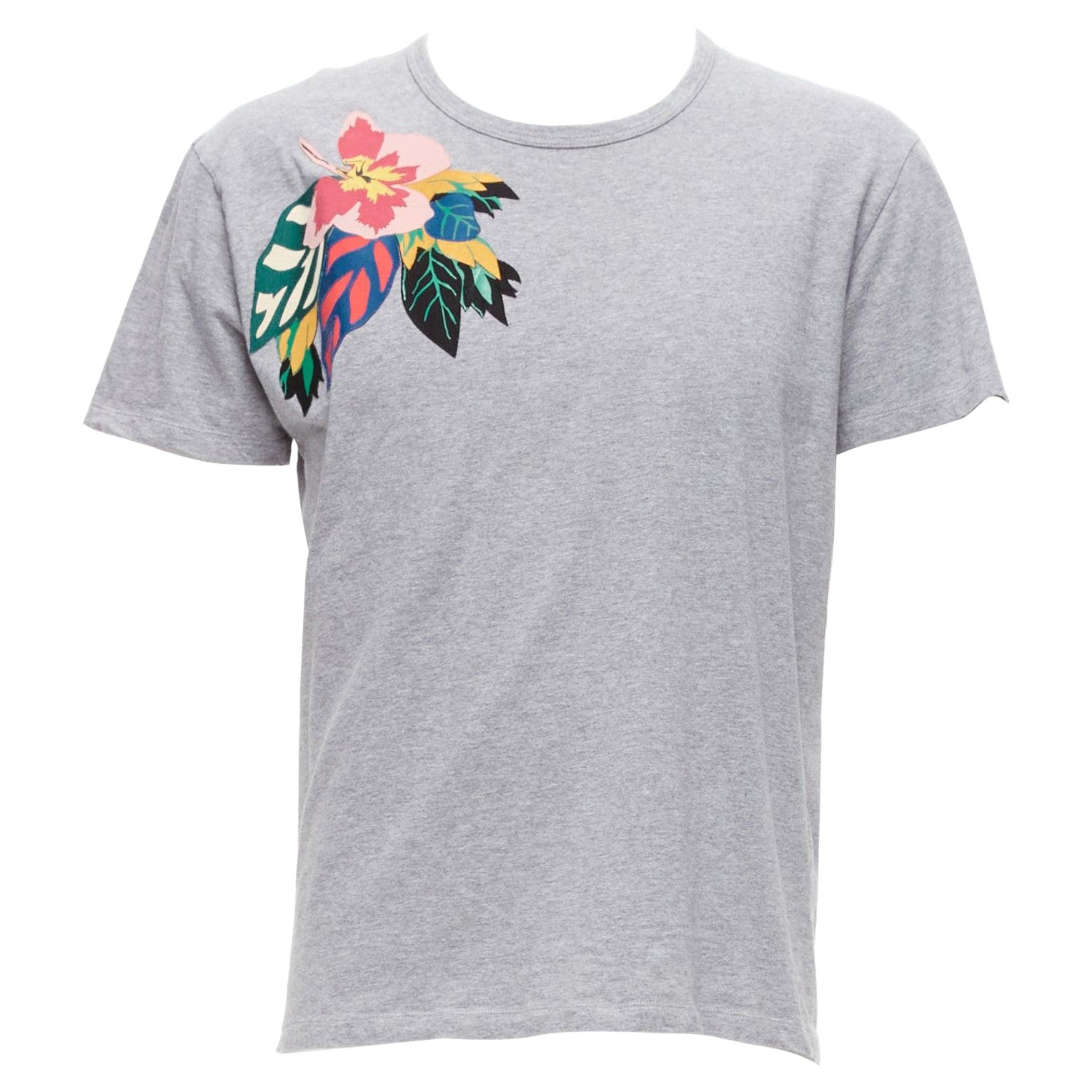 VALENTINO grey cotton multicolour Cuban Flower patch crew neck tshirt M For Sale