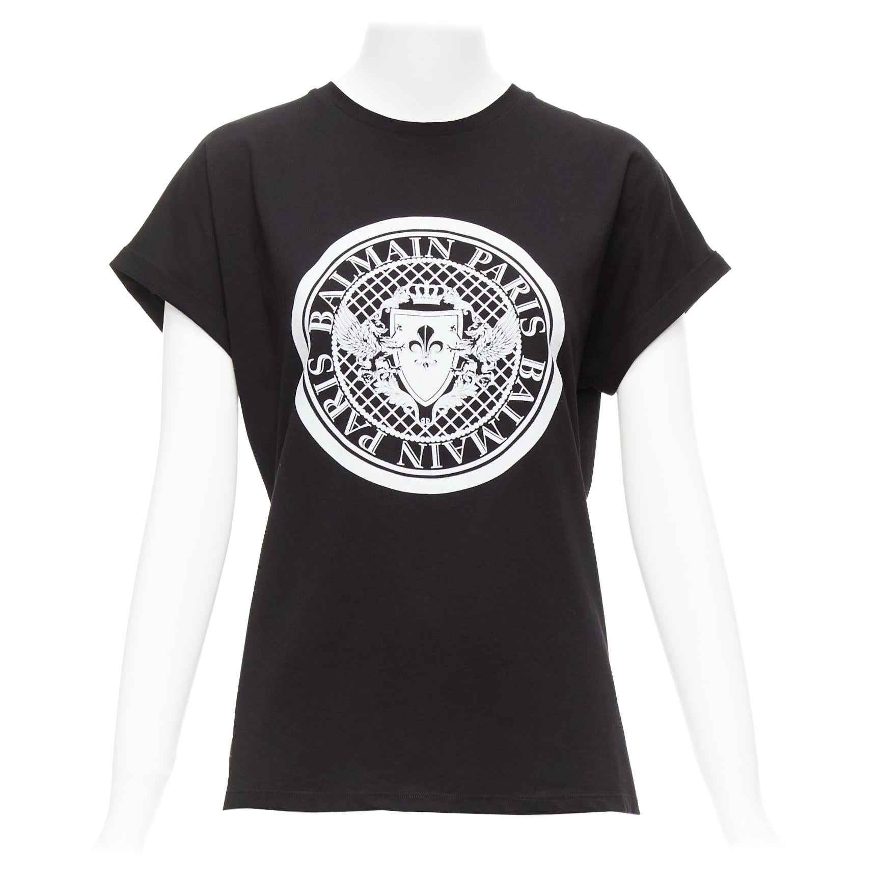 BALMAIN black white cotton crest logo crew neck cap sleeves tshirt FR34 XS For Sale