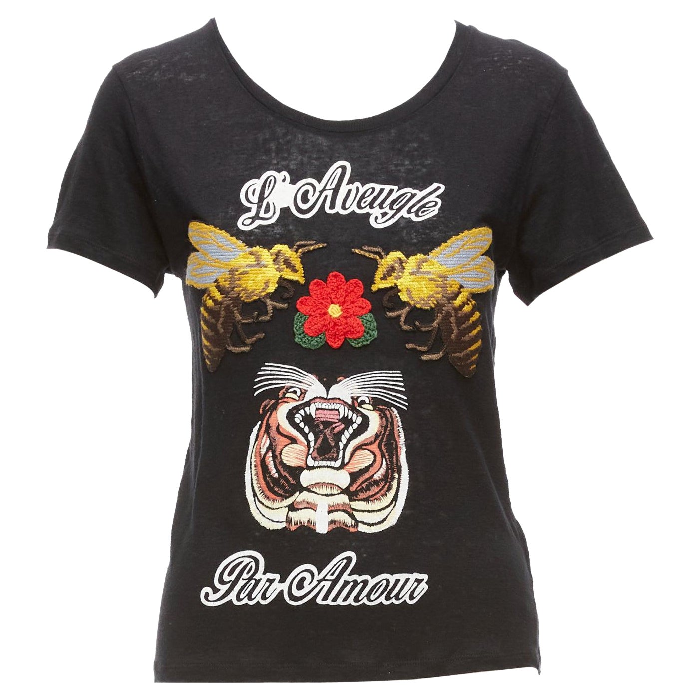 GUCCI L aveugle Par Amour schwarzes Leinen brauner Tiger Rose Print Patch tshirt XXS im Angebot bei 1stDibs