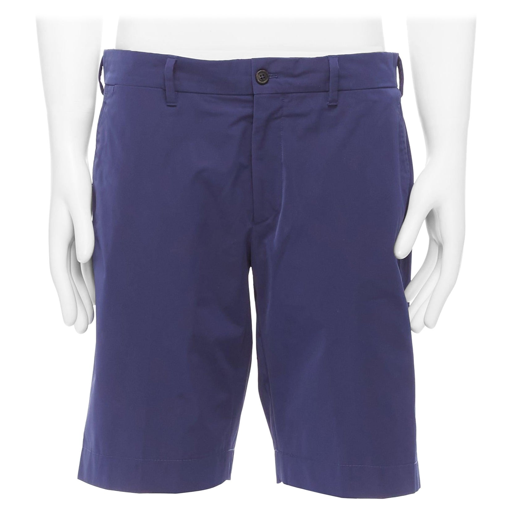 PRADA blue shiny nylon back darts button pocketed Bermuda shorts IT50 L For Sale