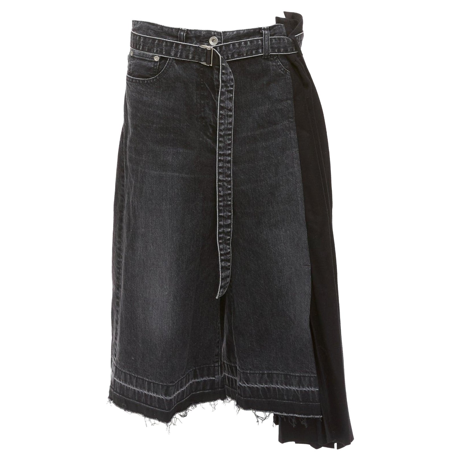 SACAI 2020 black cotton wool nylon denim pleats deconstruction shorts JP3 L For Sale