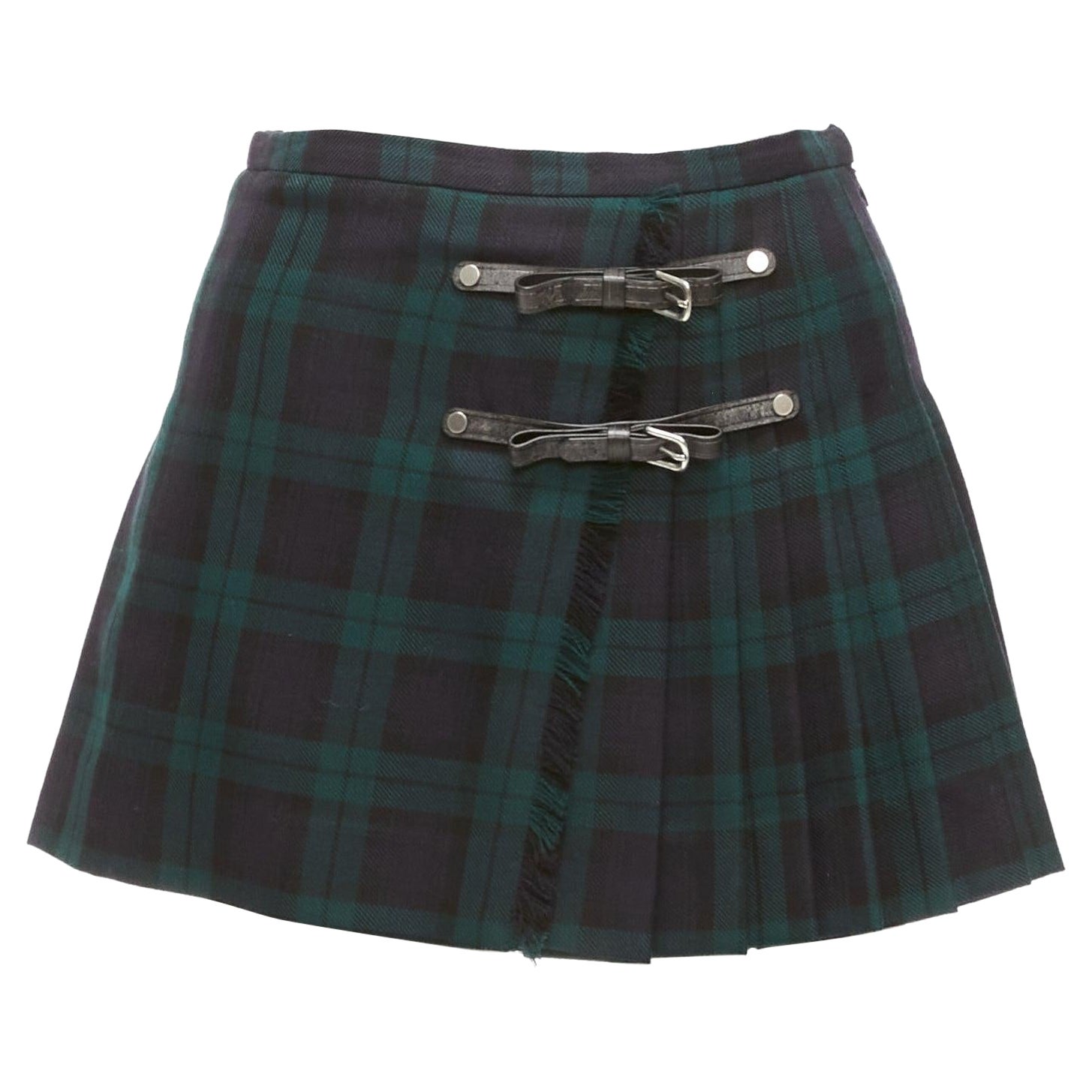DSQUARED2 green Scotland plaid black leather bow buckle mini skirt XS For Sale
