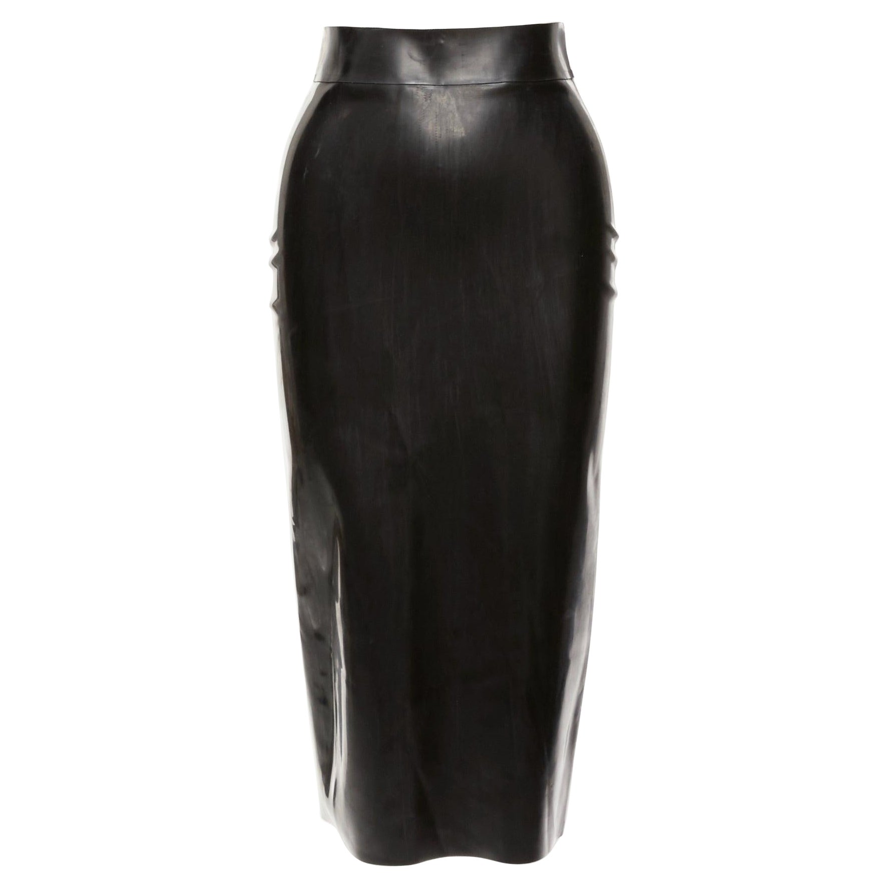 SAINT LAURENT 2020 black latex back silver zip dominatrix pencil skirt FR34 XS For Sale