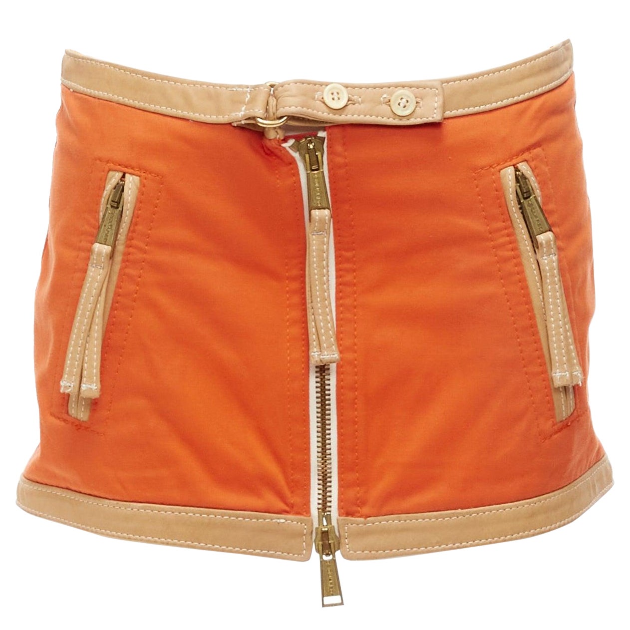 DSQUARED2 orange beige canvas leather zip front pocket mini skirt IT38 XS For Sale