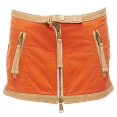 DSQUARED2 orange beige canvas leather zip front pocket mini skirt IT38 XS