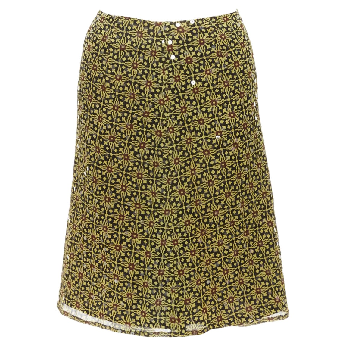 VERSUS Vintage 100% silk yellow black sequins mid rise knee skirt 26" For Sale