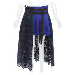 SACAI 2015 blue green plaid cotton eyelets lace asymmetric wrap skirt JP3 L