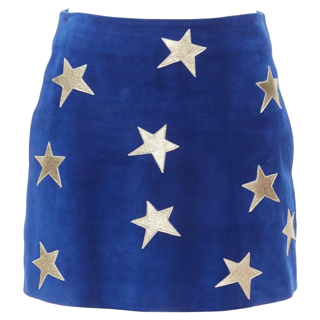 SAINT LAURENT 2018 blue suede gold metallic leather star patch mini skirt FR38 For Sale
