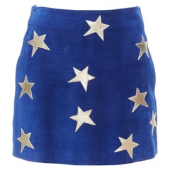 SAINT LAURENT 2018 blue suede gold metallic leather star patch mini skirt FR38