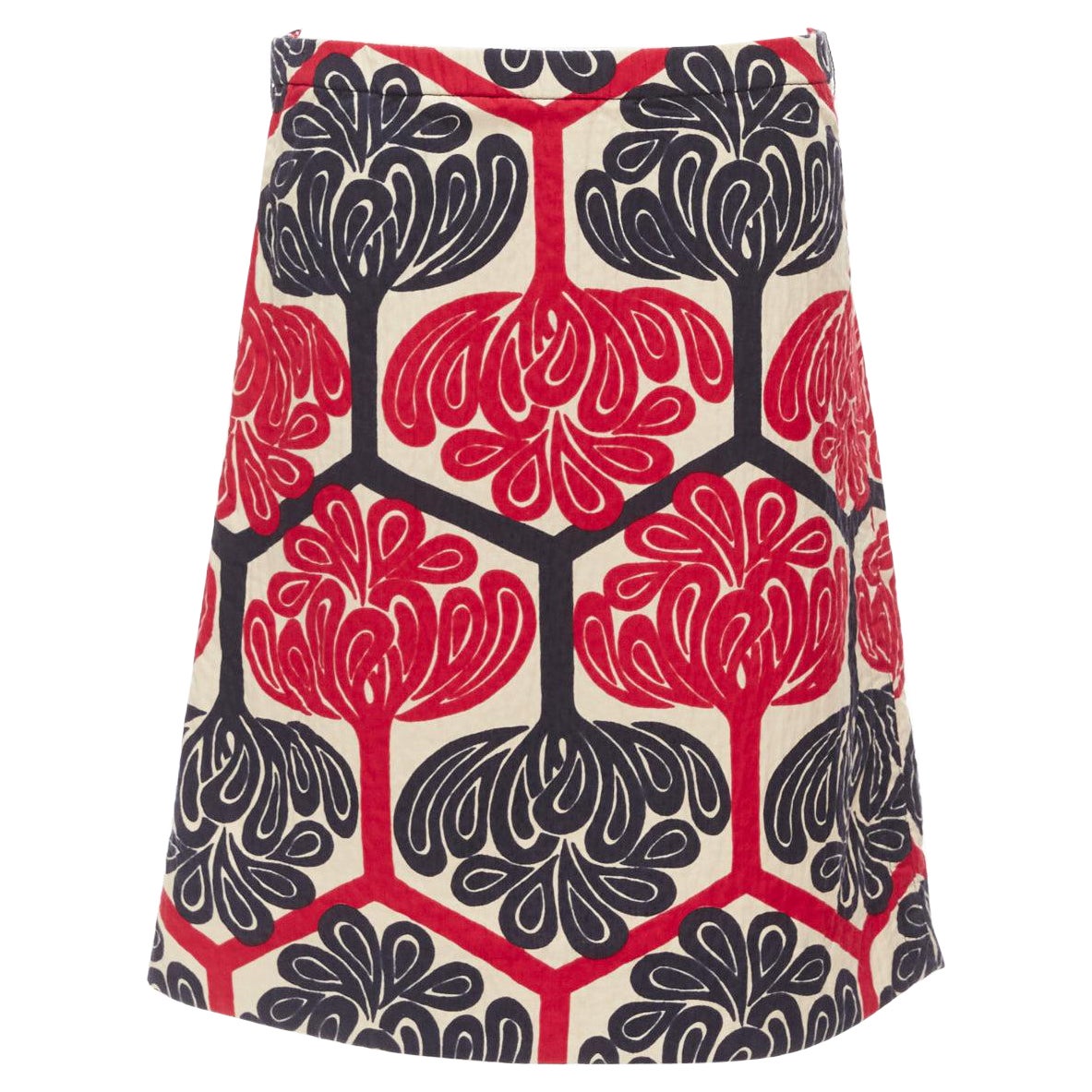 MARNI 2011 red navy cream ethnic print cotton Aline knee skirt IT38 XS For Sale