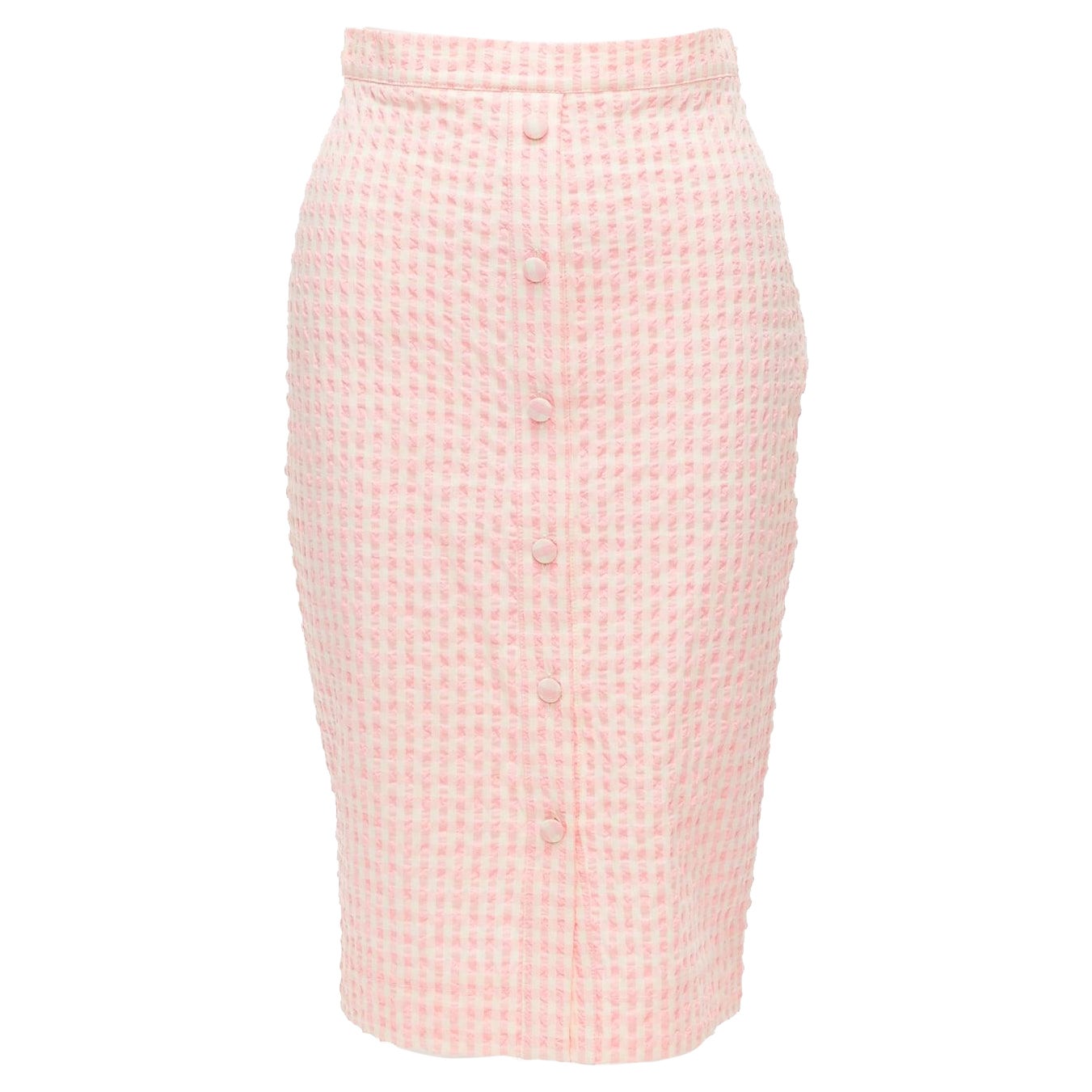 ALTUZARRA pink white gingham fabric button front midi pencil skirt FR36 S For Sale