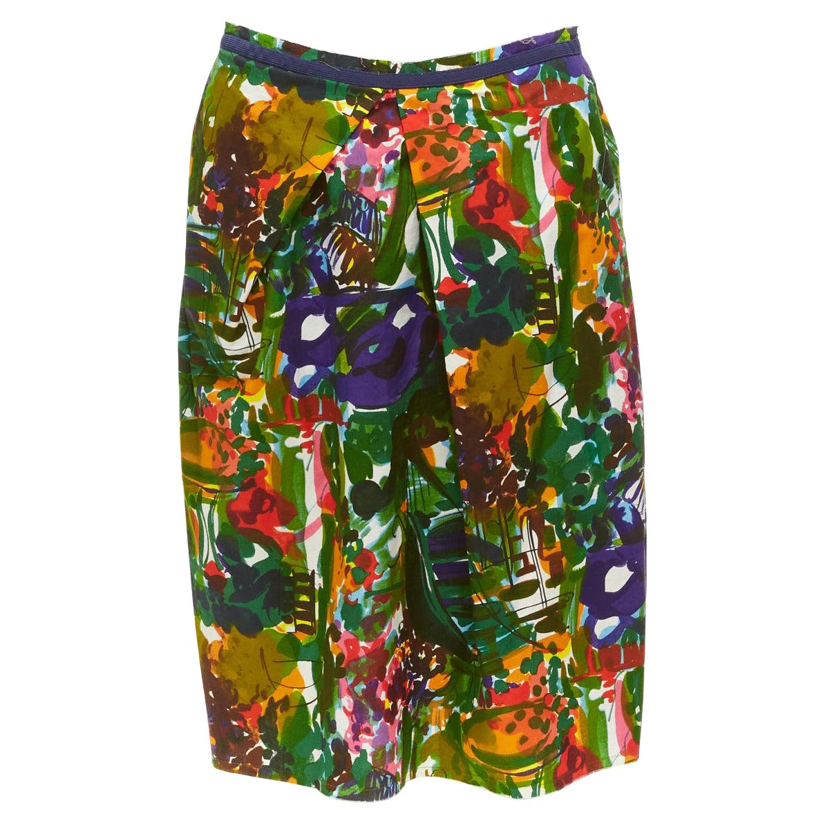 MARNI purple multicolor floral cotton inverted pleat front knee skirt IT38 XS For Sale