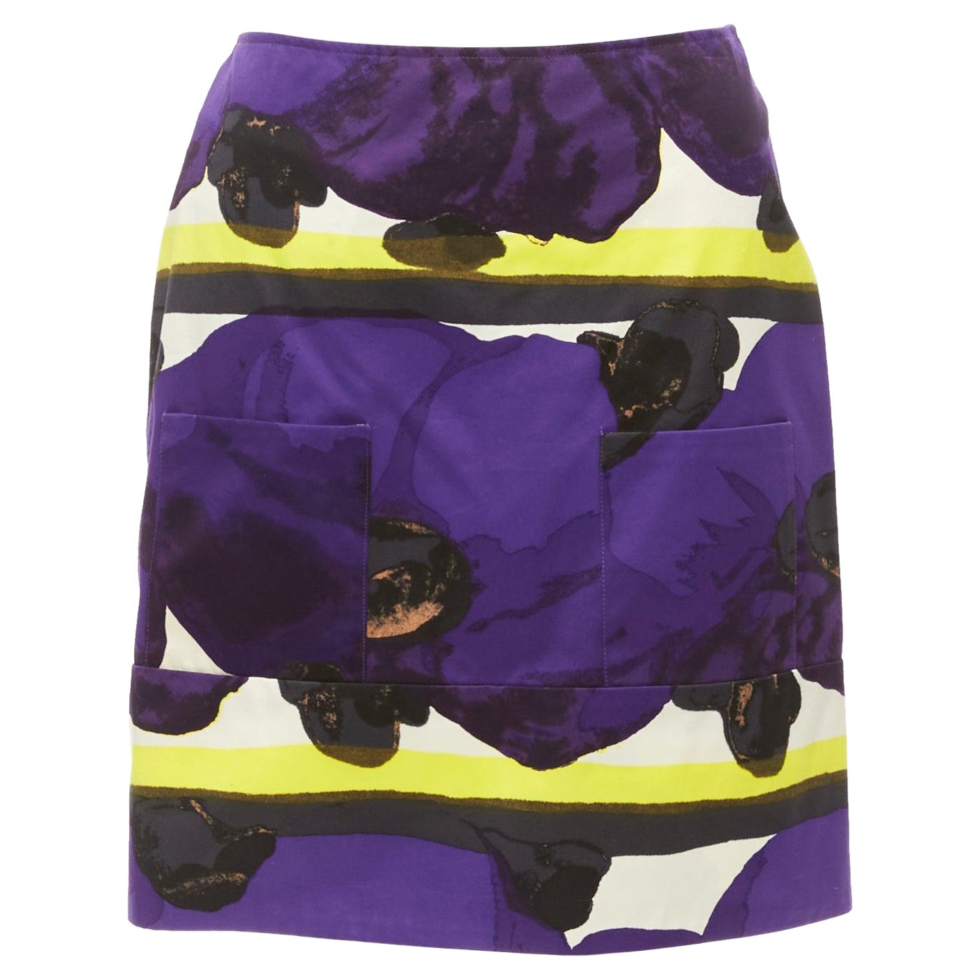 MARNI purple yellow orchid floral print cotton high waist mini skirt IT38 XS For Sale