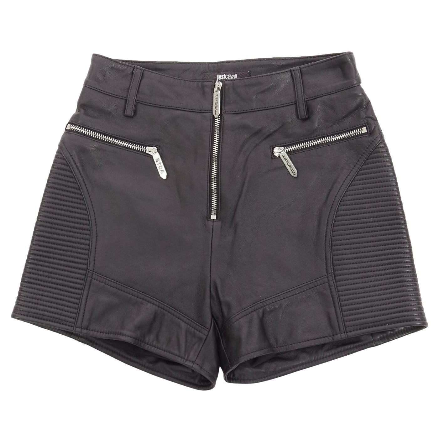 JUST CAVALLI black genuine leather silver zip motorcycle ribbed shorts IT38 XS en venta