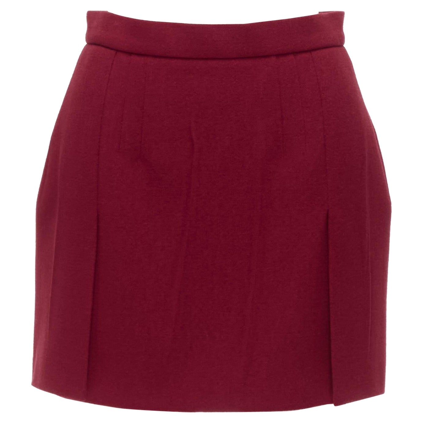 PRADA 2009 crimson red virgin wool blend crinkle effect crepe mini skirt IT42 M For Sale