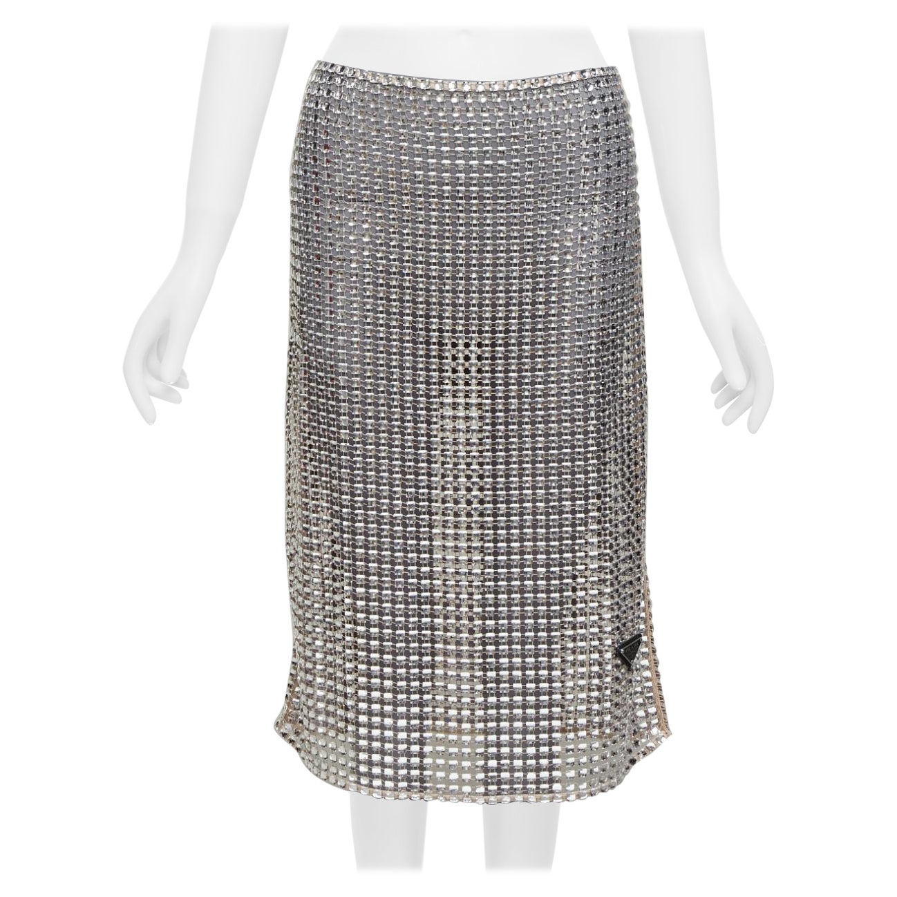 PRADA 2021 Runway square crystal elastic mesh triangle logo plate midi skirt S