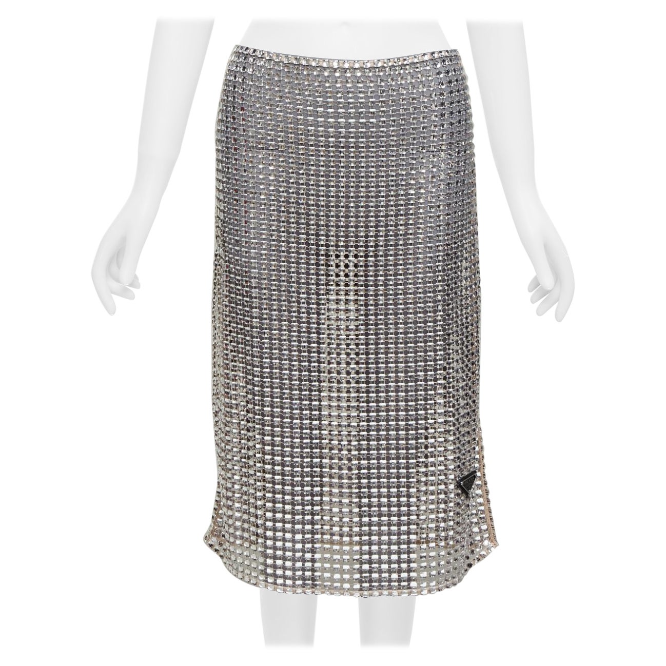 PRADA 2021 Runway square crystal elastic mesh triangle logo plate midi skirt S For Sale