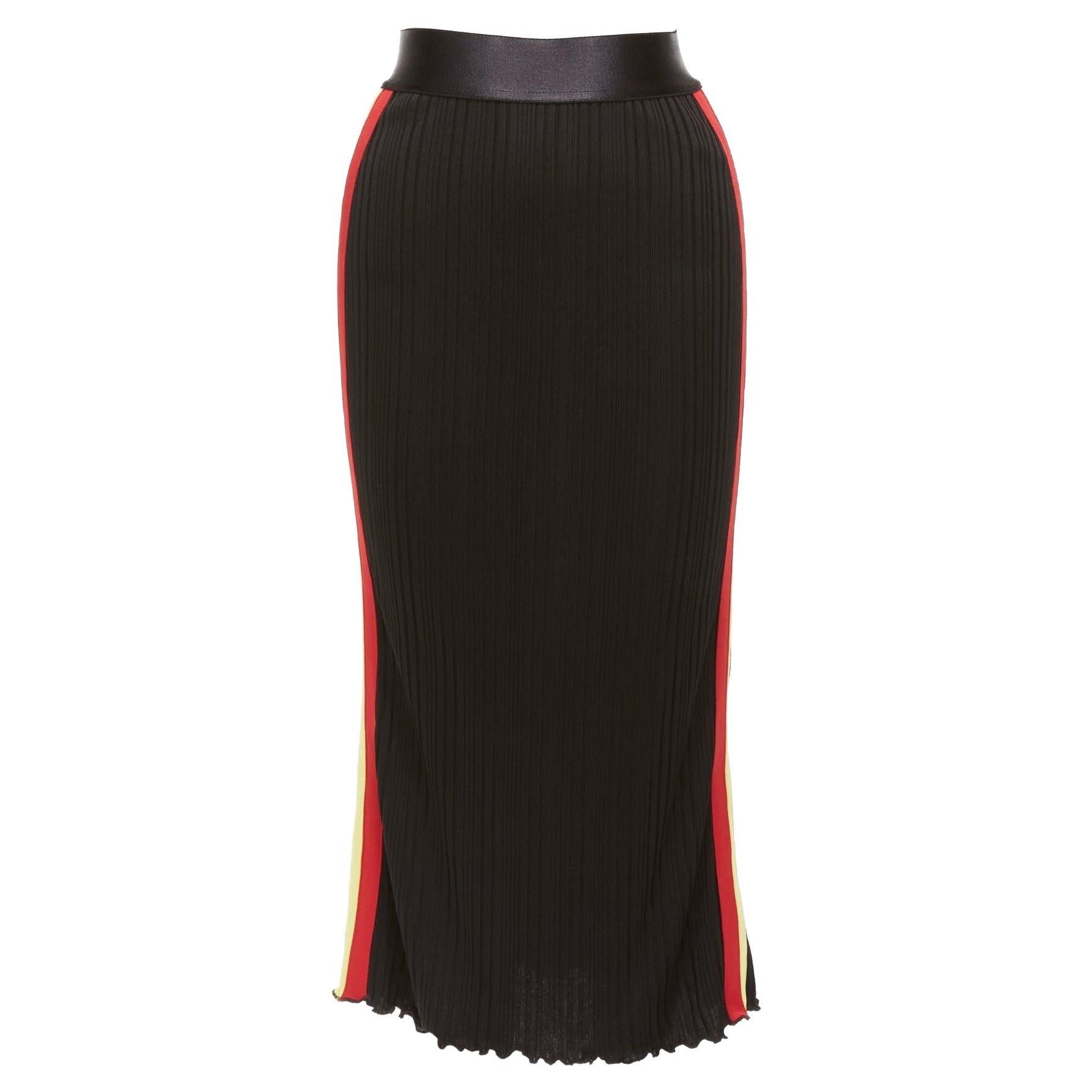 ELLERY black viscose yellow red tape ribbed high waist pleated flute skirt UK6 For Sale