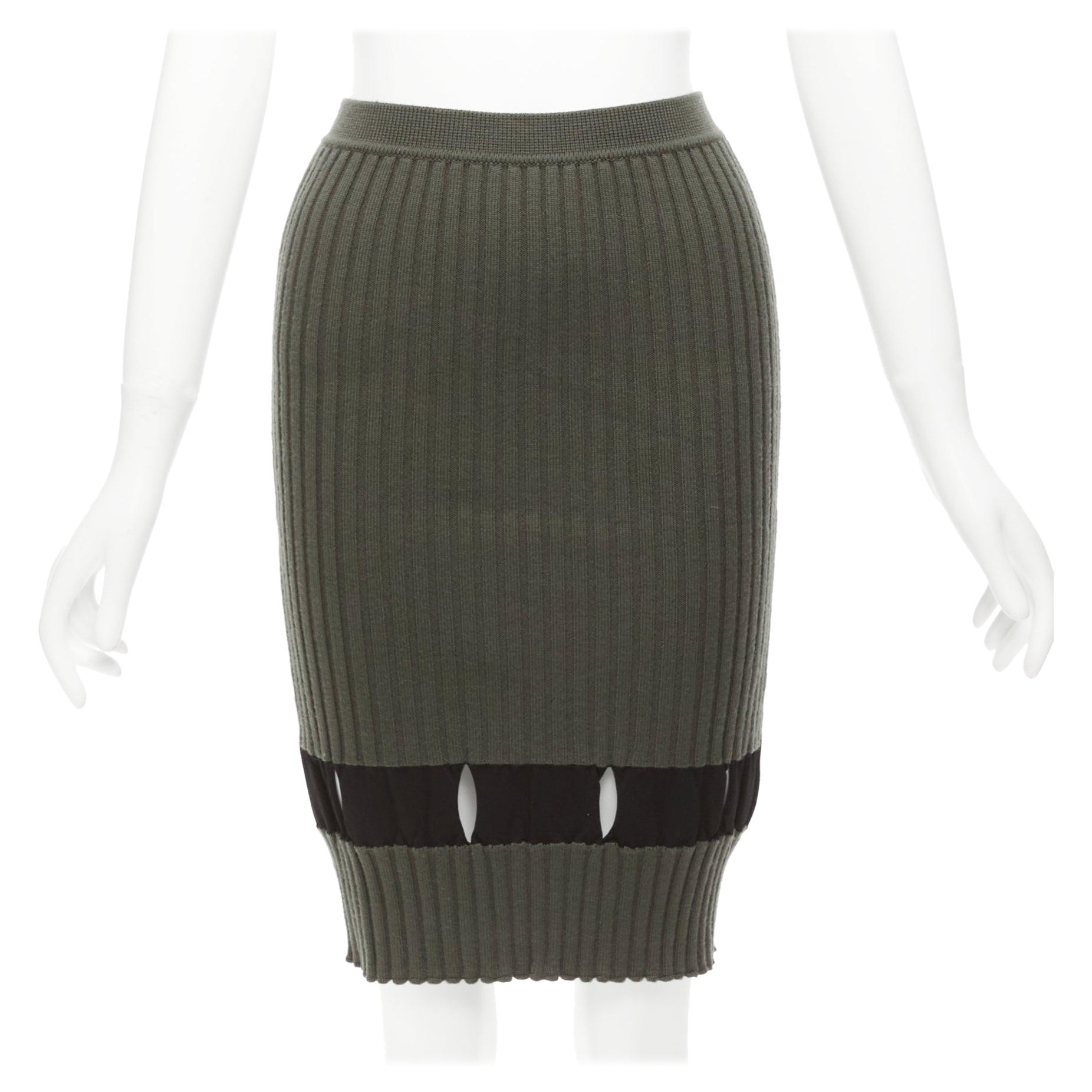 ALEXANDER WANG khaki black ribbed cut out pencil knee skirt XS For Sale