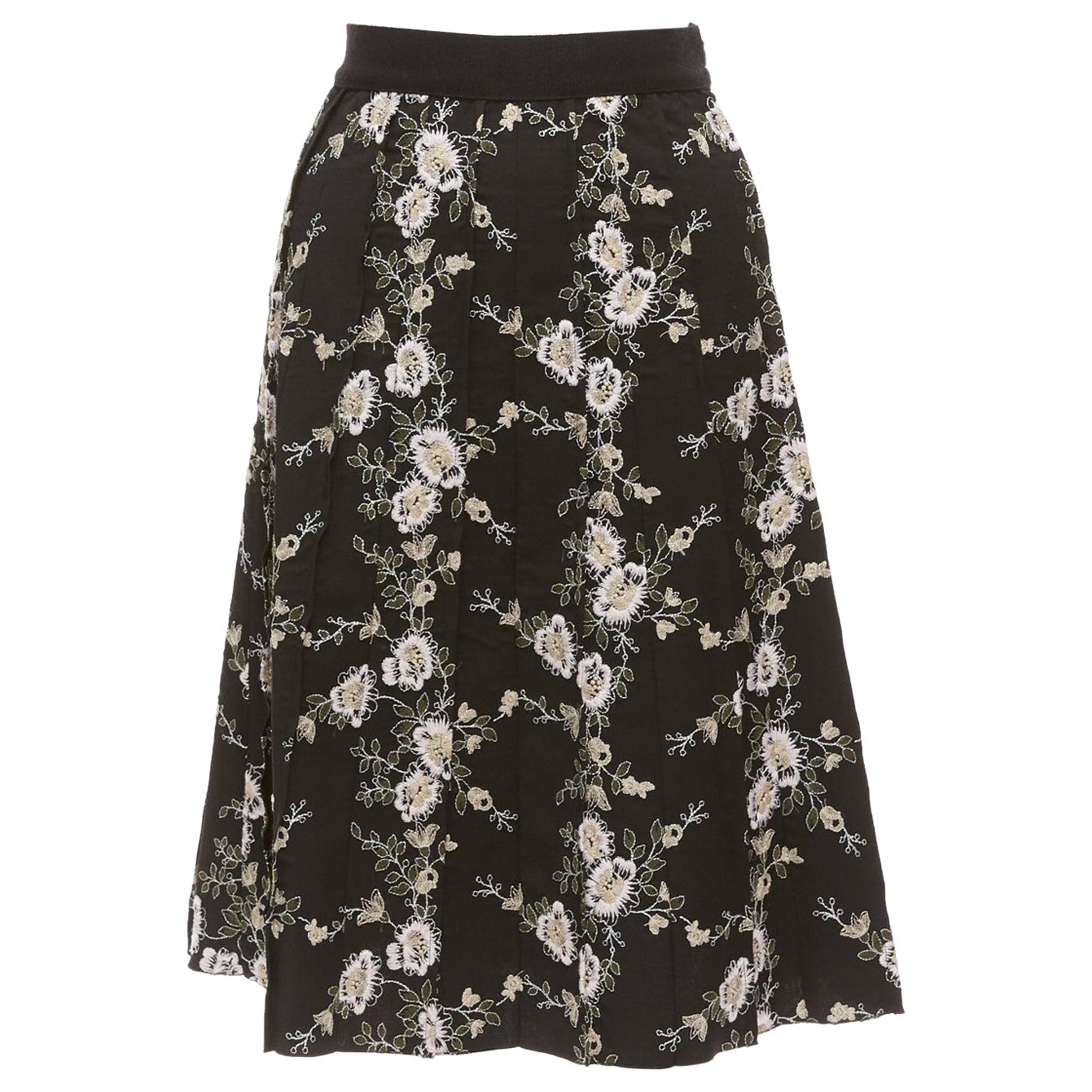 GIAMBATTISTA VALLI black pink floral embroidered 100% wool midi skirt IT38 XS For Sale