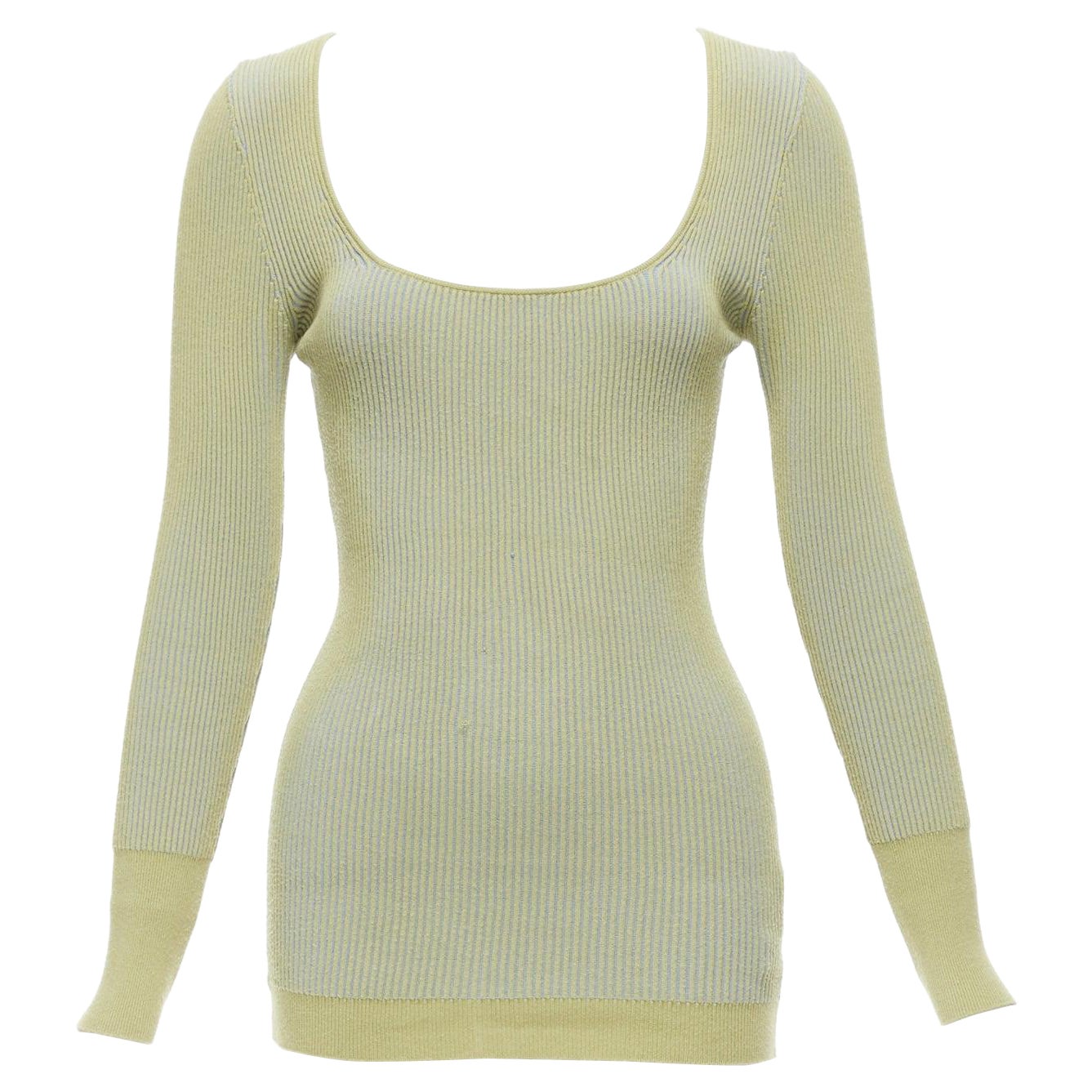 JACQUEMUS Rosa green blue ribbed scoop neck fitted long sleeve top FR40 L For Sale