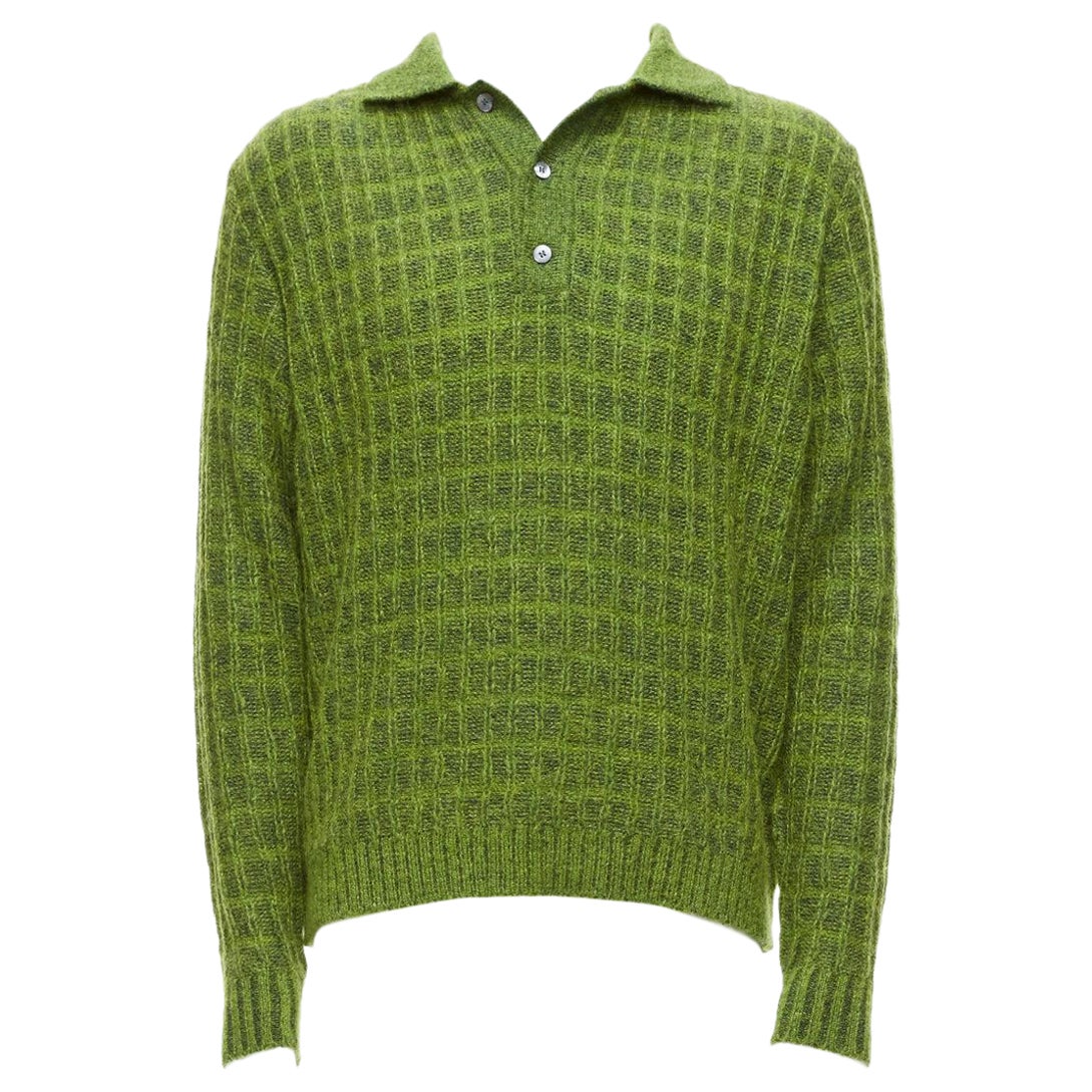 GUCCI Vintage green mohair blend waffle knit buttons polo sweater M For Sale
