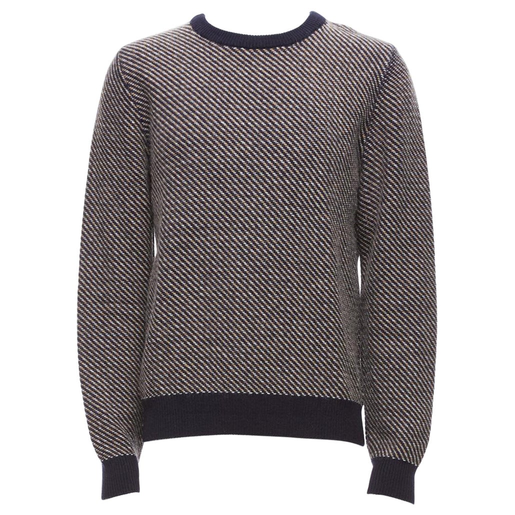 A.P.C. navy beige diagonal weave crew neck long sleeve ringer sweater M For Sale