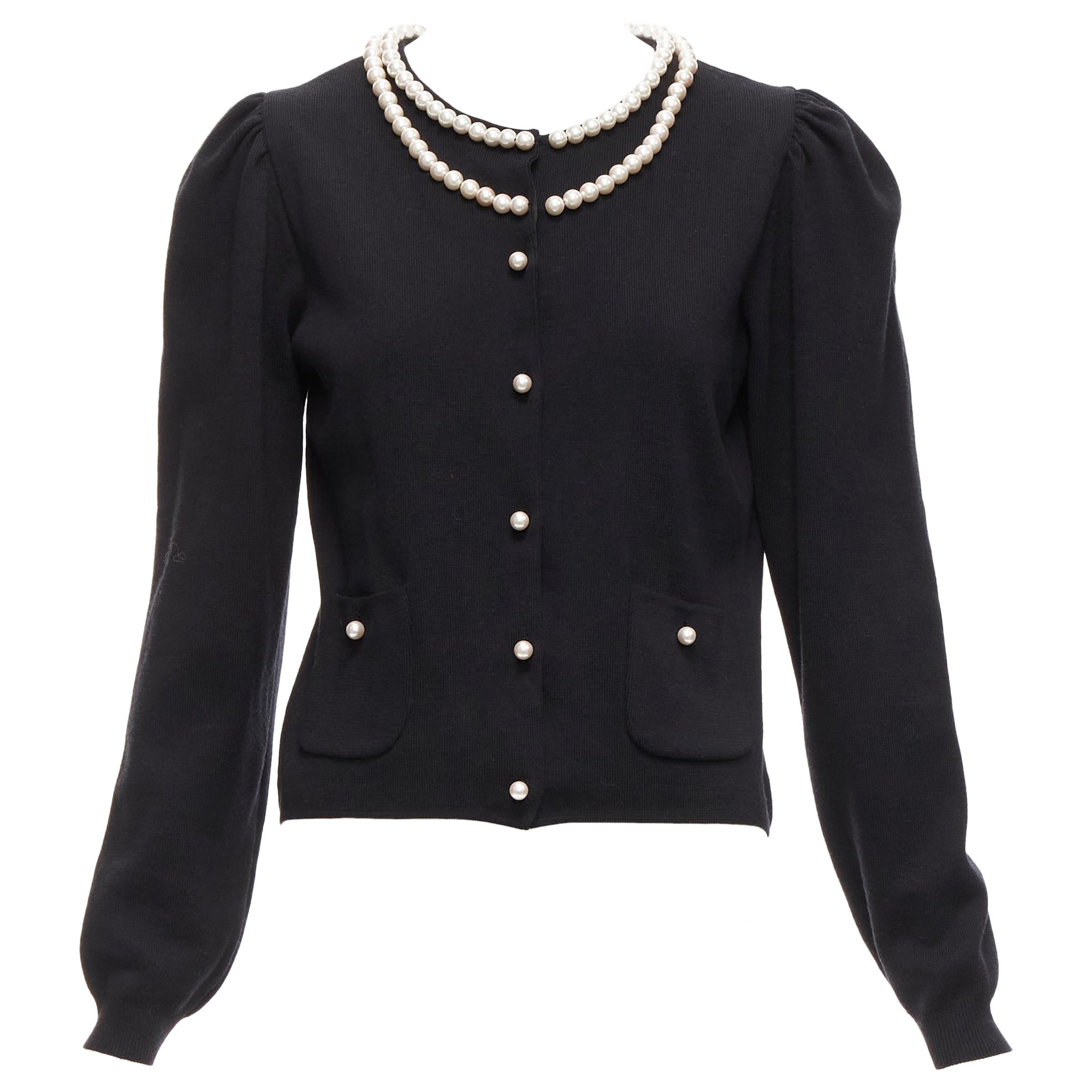 MOSCHINO pearl necklace collar black soft knit preppy cardigan IT40 S For Sale