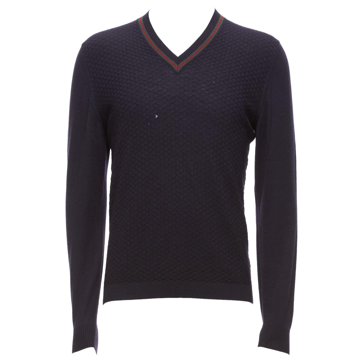 GUCCI navy 100% wool green red web v neck long sleeve sweater M en vente