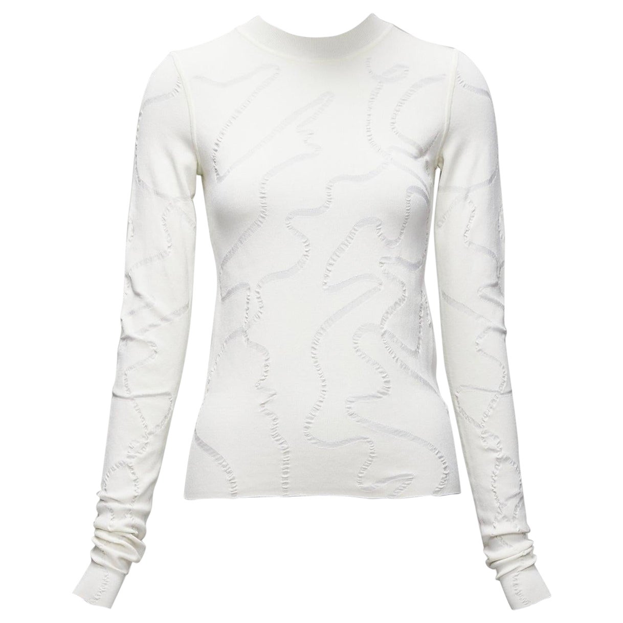 HELMUT LANG cream wiggly line motive jacquard long sleeve sweater S For Sale
