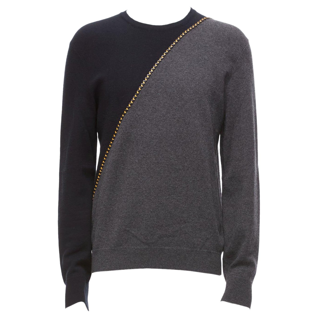 BERLUTI grey black yellow lambskin leather stitch wool cashmere split sweater M For Sale