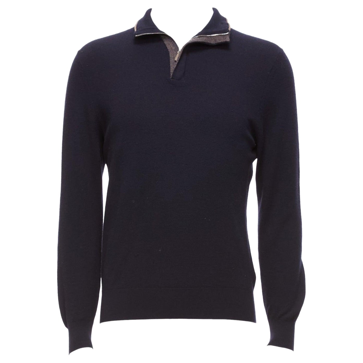 ERMENEGILDO ZEGNA wool cashmere navy grey button detail half zip sweater IT50 L For Sale