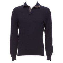 ERMENEGILDO ZEGNA wool cashmere navy grey button detail half zip sweater IT50 L