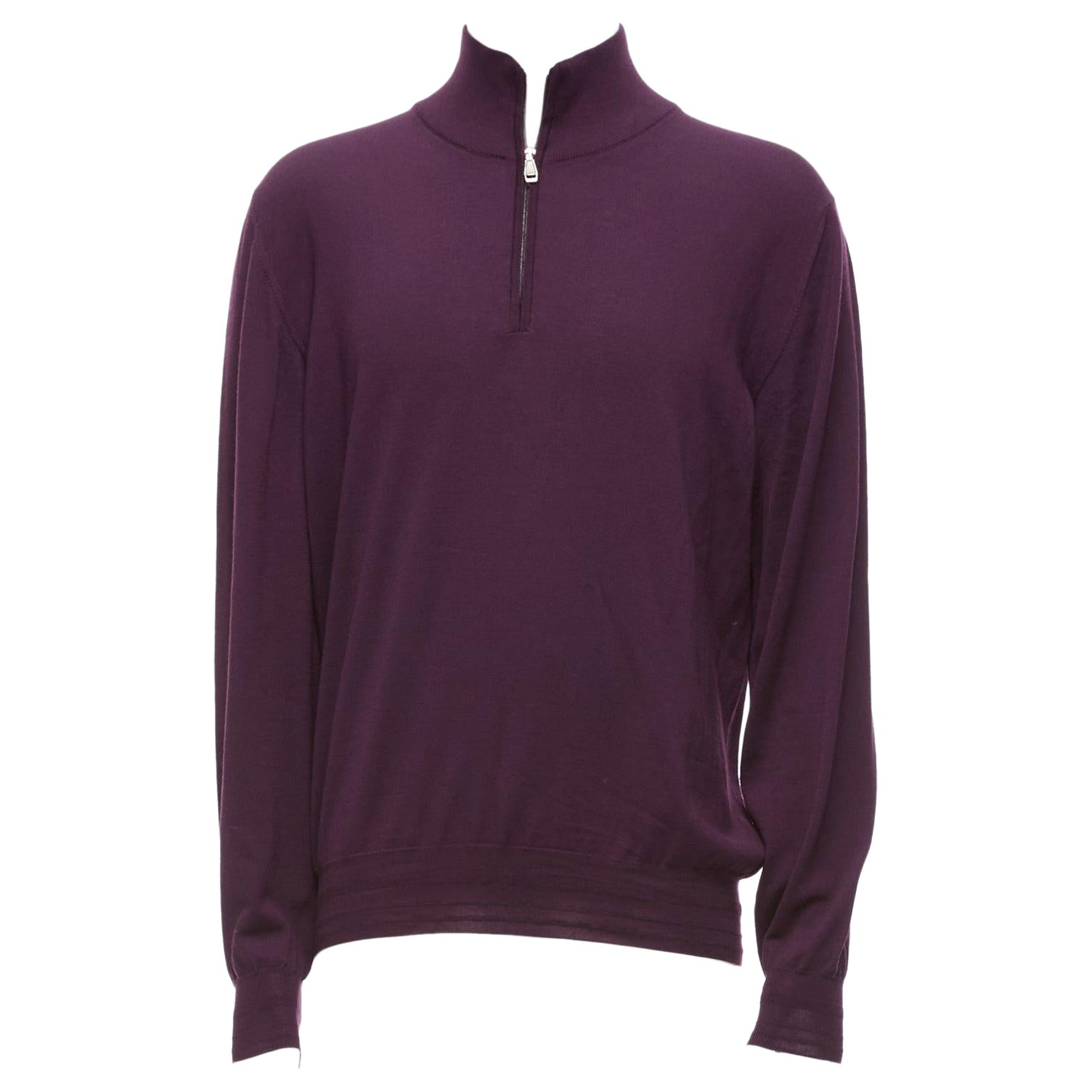 BRIONI 100% wool eggplant purple silk trimmed half zip long sleeve sweater For Sale