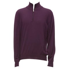 BRIONI 100% wool eggplant purple silk trimmed half zip long sleeve sweater