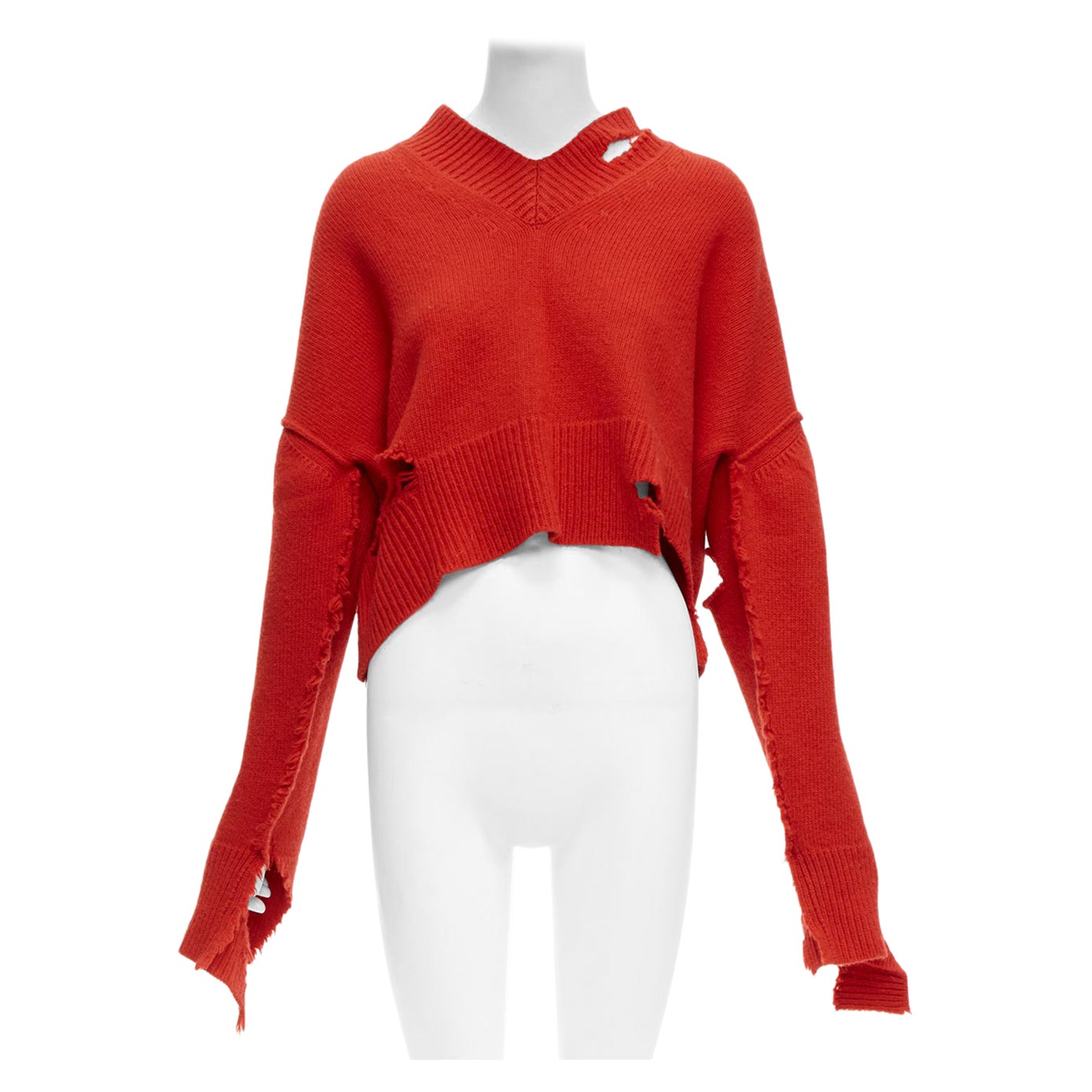 OLD CELINE Phoebe Philo red 100% wool distressed cut out cropped sweater M For Sale