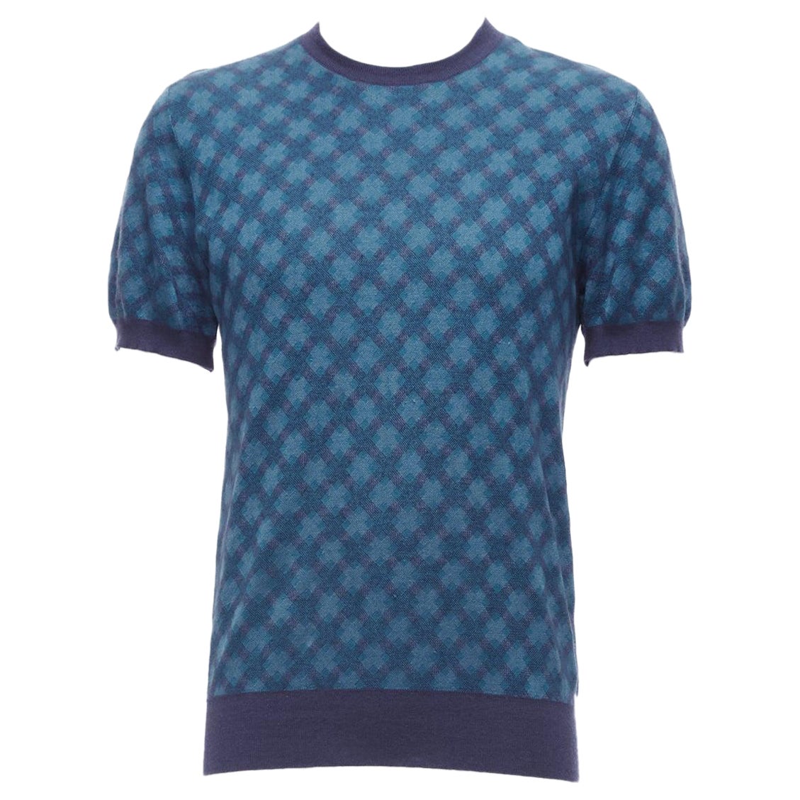 BRIONI silk cashmere blue navy diagonal check short sleeve sweater IT50 L For Sale