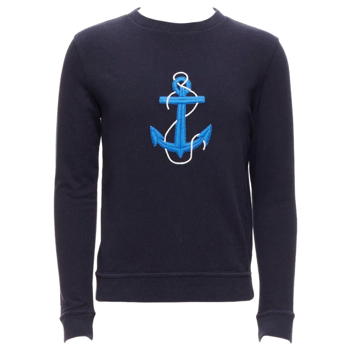 A.P.C. navy blue white anchor embroidery crew neck cotton sweatshirt US0 XS For Sale
