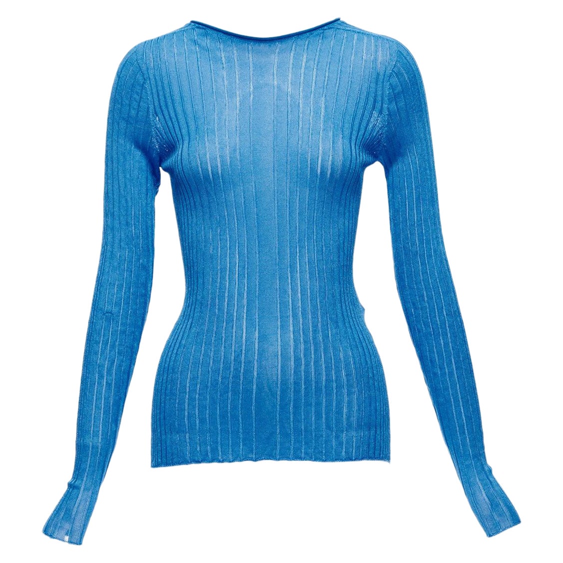 CELINE Phoebe Philo blue semi sheer viscose bateau neck ribbed sweater L For Sale