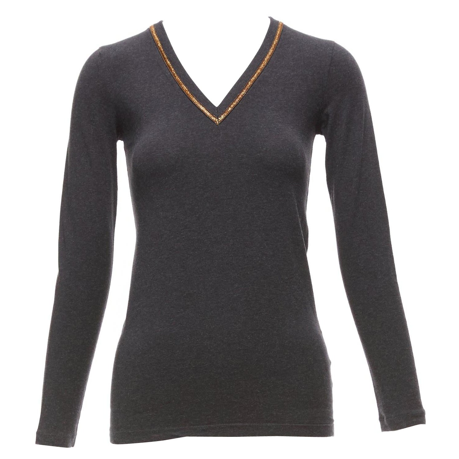 BRUNELLO CUCINELLI Graues Pullover-Top aus Baumwollmischung und Goldfolie mit V-Ausschnitt XXS im Angebot