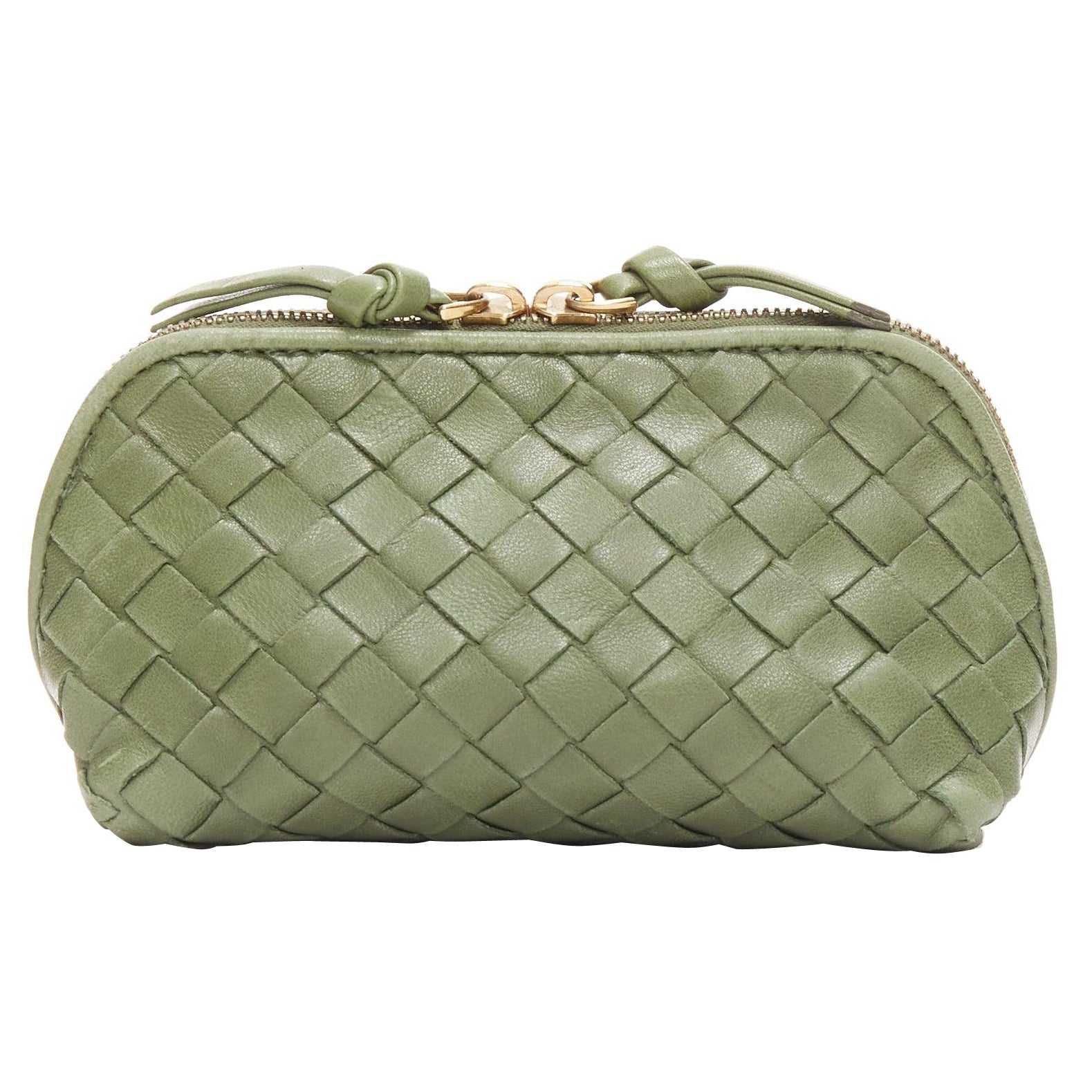 BOTTEGA VENETA green intrecciato knot gold zip small zip pouch bag For Sale