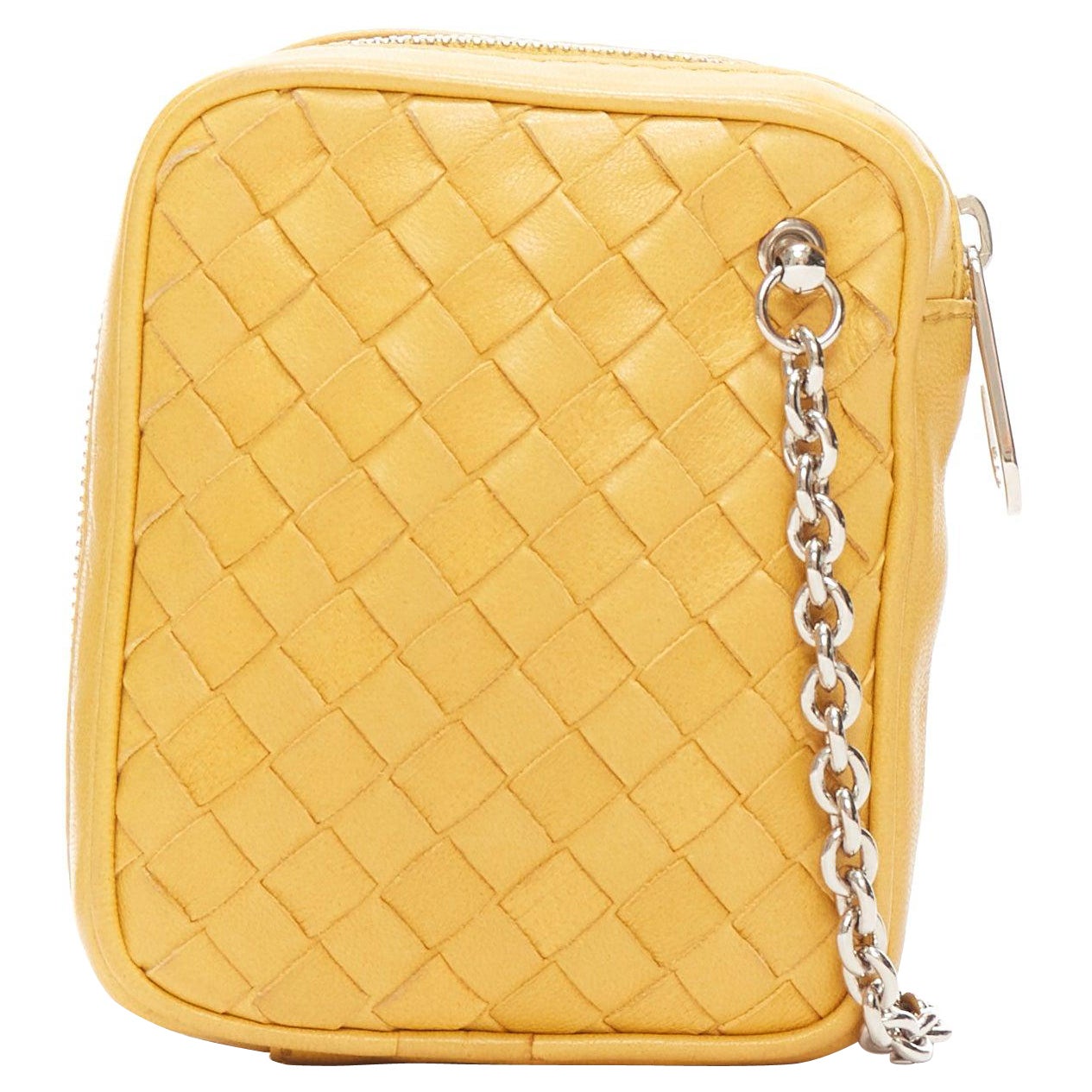 BOTTEGA VENETA butter yellow intrecciato woven silver chain wrist pouch bag For Sale