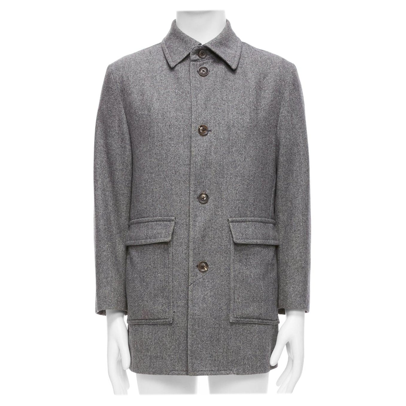 LANVIN JL grey wool blend herringbone dual pocketed overcoat IT46 S For Sale