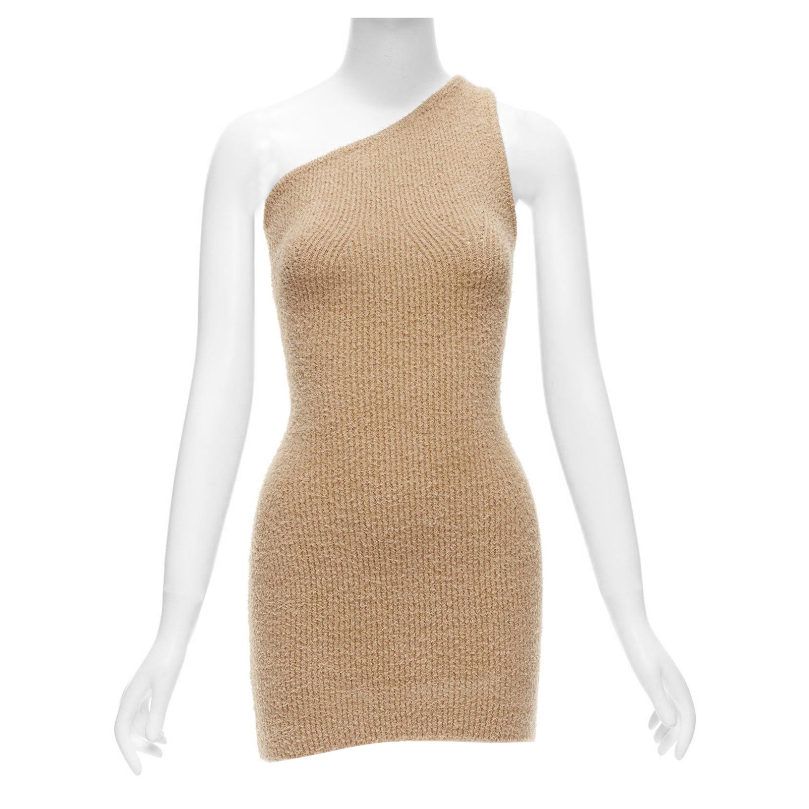 WARDROBE NYC HAILEY BIEBER HB tan fuzzy knit cotton one shoulder mini dress S For Sale