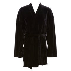 EMPORIO ARMANI black velvet GA embroidered logo belted robe jacket M