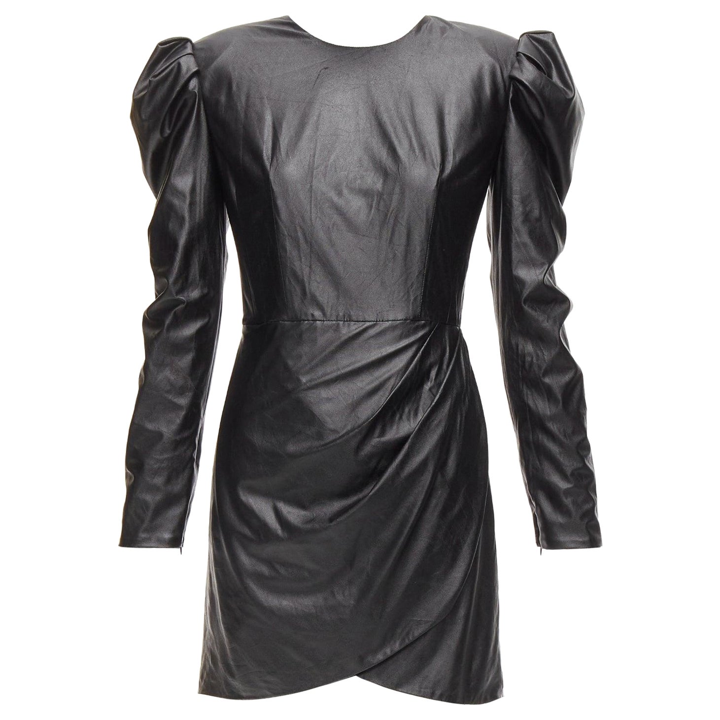 BRONX & BANCO noir tissu enduit jupe drapée épaule bouffante mini robe XS en vente
