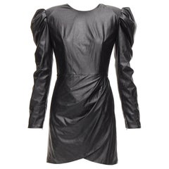 BRONX & BANCO black coated fabric puff shoulder drape skirt mini dress XS
