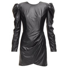 BRONX & BANCO noir tissu enduit jupe drapée épaule bouffante mini robe XS