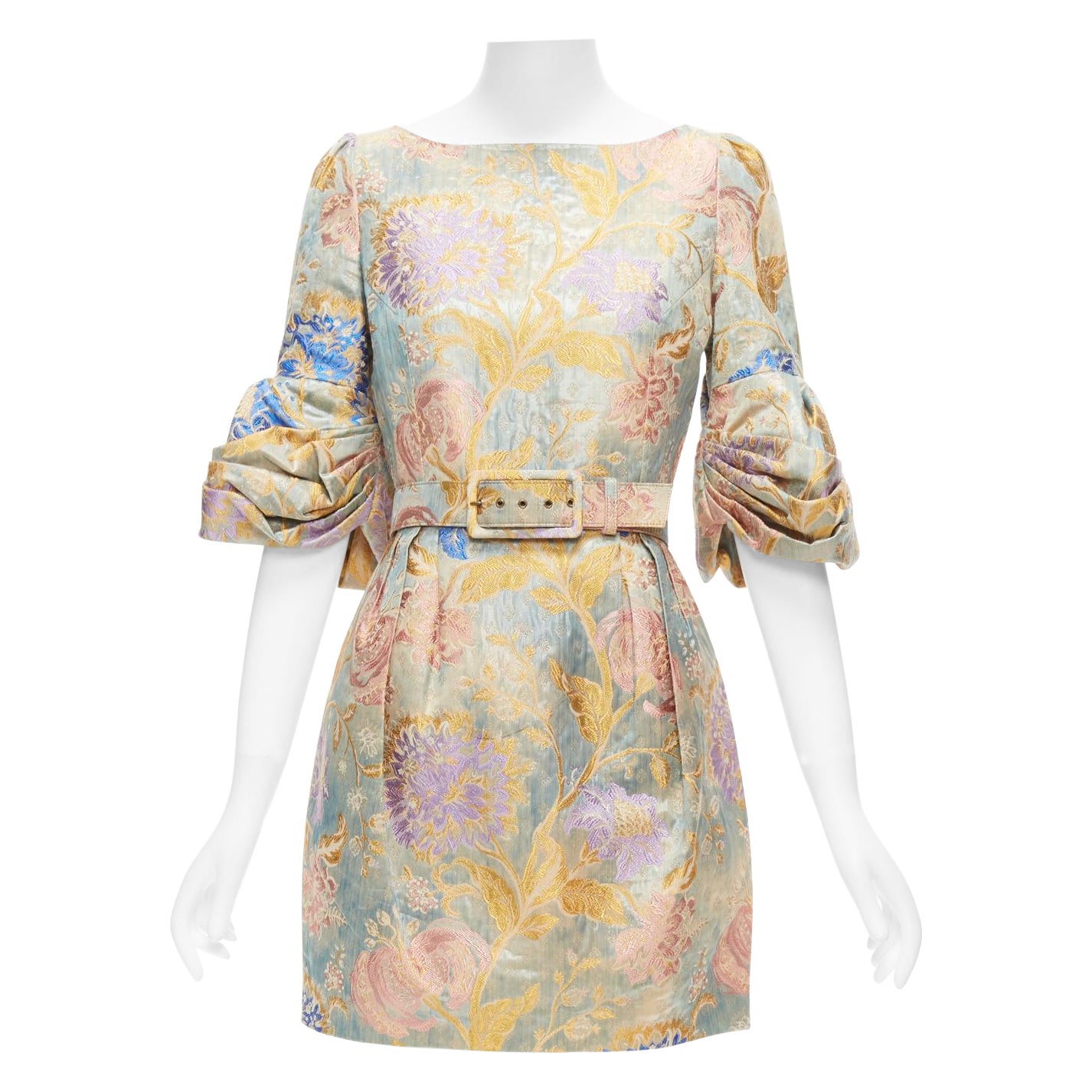 ANDREW GN pastels floral lurex jacquard ruched sleeve belted dress FR38 M For Sale